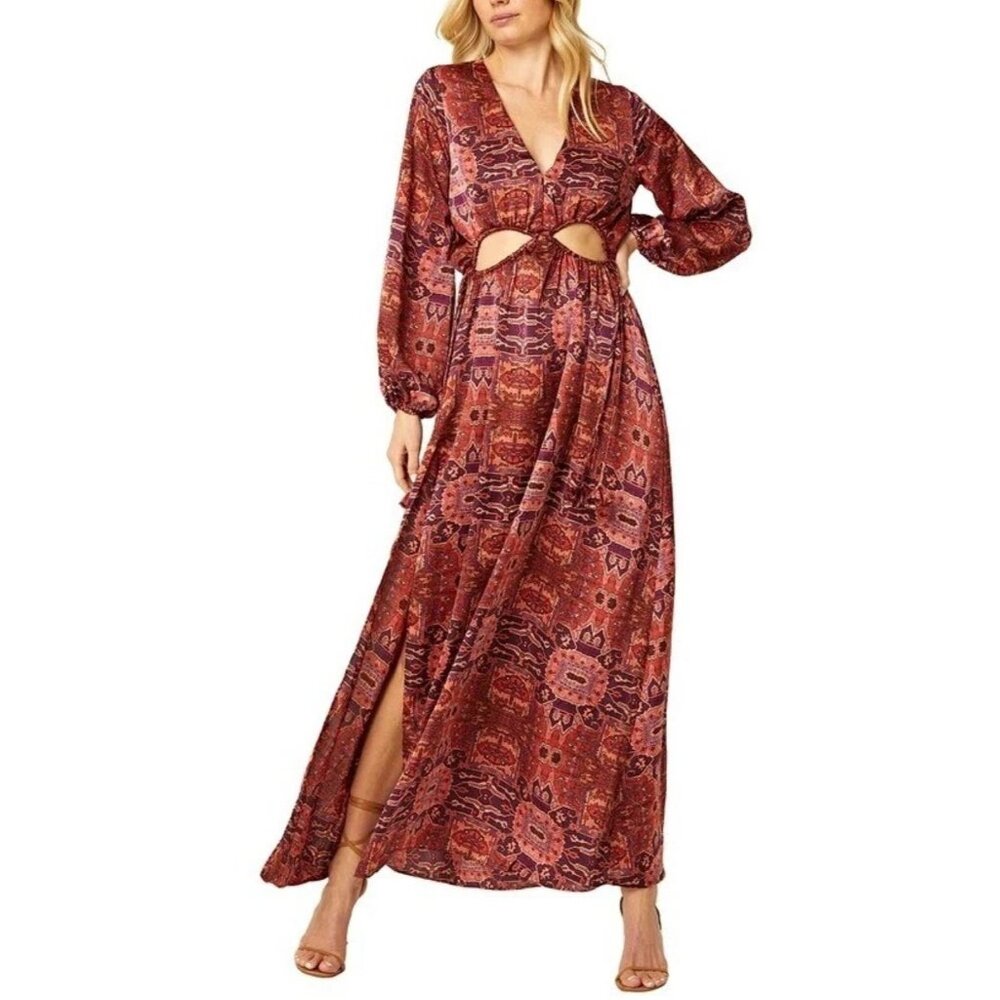 NWT MISA Los Angeles Kasia Maxi Dress Septima Tapestry Satin Cut-Outs M